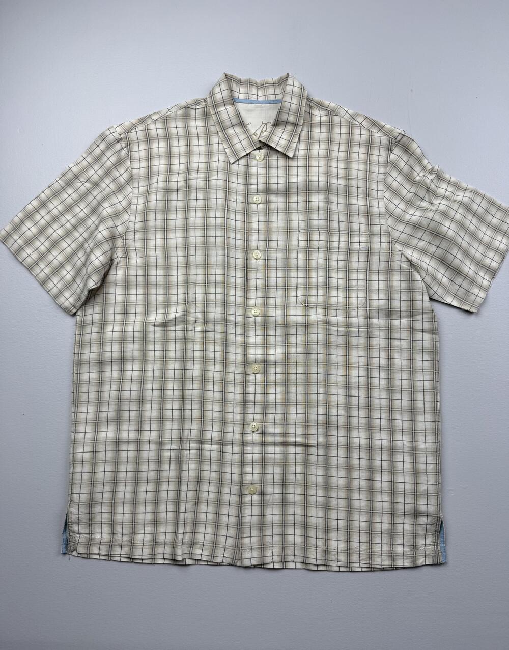 Tommy Bahama Shirt Mens Medium Beige Plaid Short Sleeve Linen Silk Casual